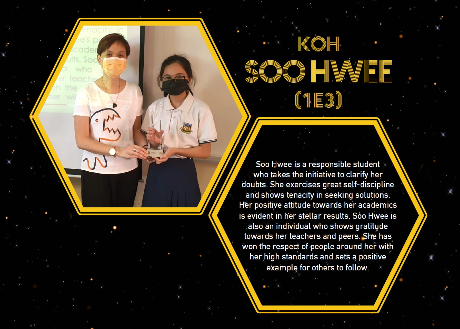 Award card for student Koh Soo Hwee, showing two masked people holding a trophy inside a gold hexagon frame.